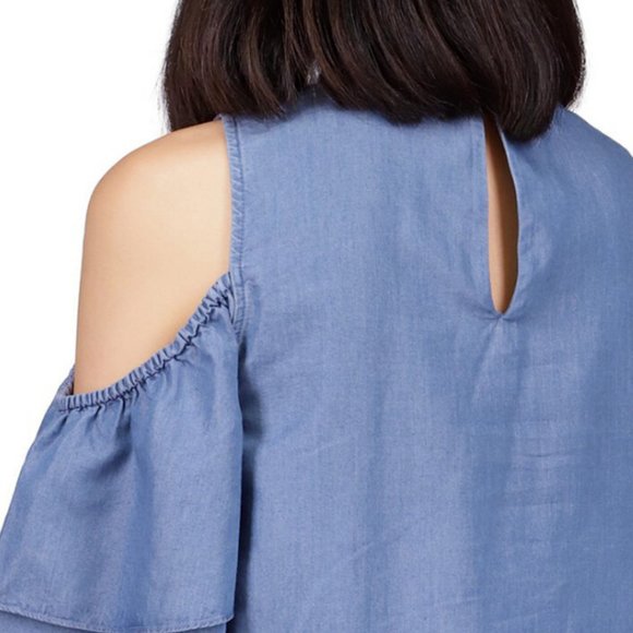 Michael Kors Womens Cold Shoulder Ruffled Keyhole Button Back Top Size XS Blue - Picture 7 of 10